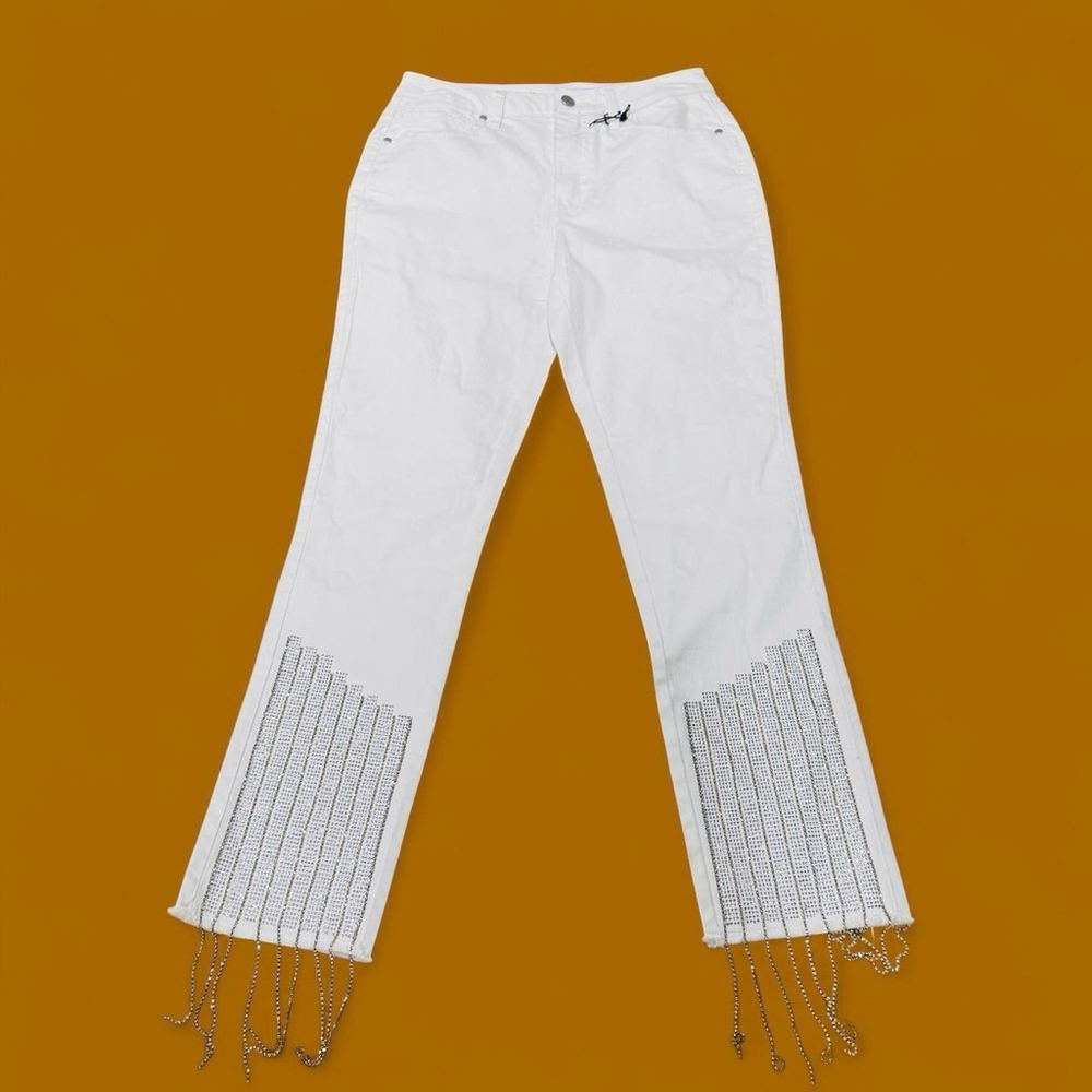 Versona White Jeans Fringe Chain Hem Ankle Pants Women 4 Boho